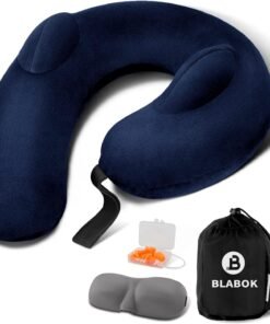 Patented Design Inflatable Travel Neck Pillow – Airplane Neck Pillow with 360° Head & Neck Support, Soft Washable Velvet Cover, Compact Neck Support Pillow for Airplane,Train,Car,Office & Home (Blue)