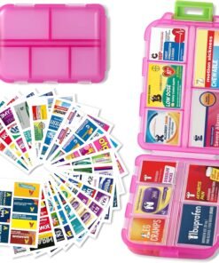 Pill Organizer with Medicine Labels Travel Daily Pill Container Mini Medication Organizer Storage Pill Organizer Travel Essentials Pill Case 7 Day (Pink & 161 Lables)