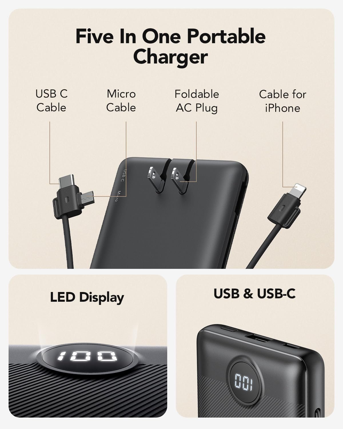 Portable ChargerPower Bank Built in Cables and AC Wall PlugVRURC USB C Portable Bank 10000mAhTravel Essentials Phone Charger Compact Lightweight External Battery Pack for Smart PhonesTablets Black.jpg