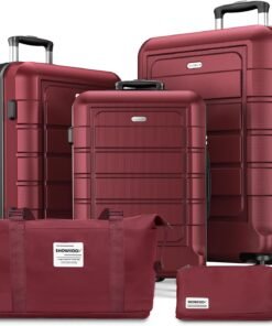SHOWKOO Luggage Sets with Duffle Bag Expandable 100% PC Durable Suitcase Double Wheels TSA Lock 5pcs Wine Red