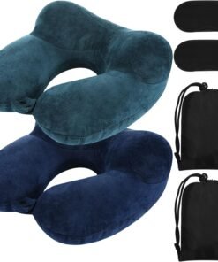 Sintuff 2 Pack Inflatable Travel Pillow for Airplanes Inflatable Neck Flight Pillows with Compact Bag and Blindfold for Traveling, Airplane, Train, Car, Office(Peacock Green and Blue)