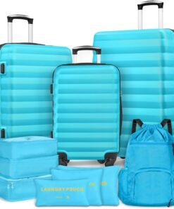 Suitour Luggage Sets 3 Piece Carry On Luggage with Spinner Wheels ABS Hard Case Travel Suitcase Set(20/24/28 inch) 6 PC Packing Bags & Drawstring Backpack