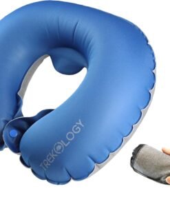 TREKOLOGY Inflatable Neck Pillow for Travel – Compact Ultralight Air Pillow with Button Inflation & Quick Deflate – Dual-Fabric Neck Support Cushion for Airplane, Car, Train, Bus