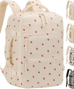 Tenot Corduroy Travel Backpack for Women, 15.6 Inch Womens Laptop Backpack TSA Approved Carry On Backpack, Personal Item Backpack for Travel Work Business, Beige Strawberry