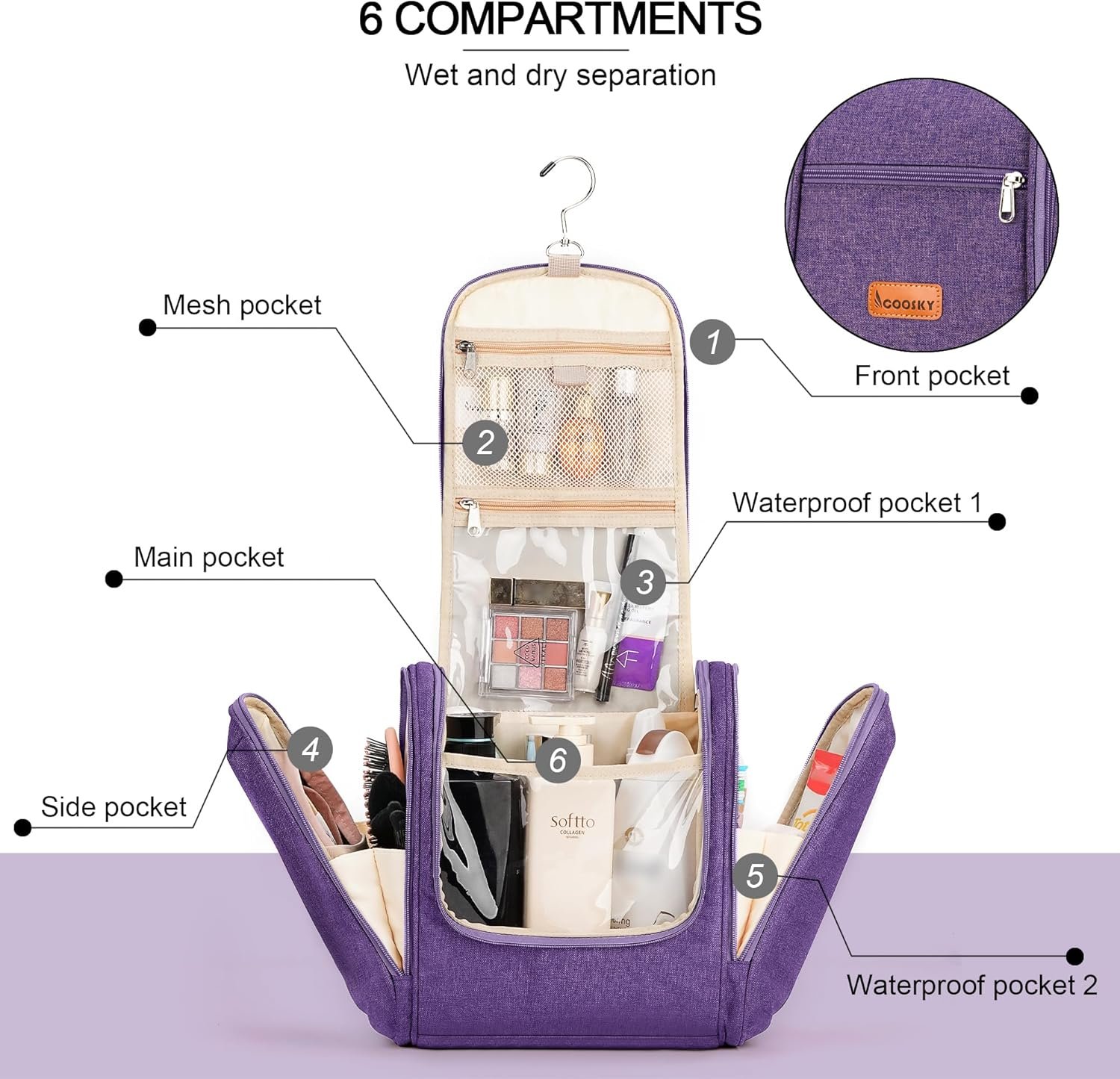 Travel Hanging Toiletry Bag for Women and Men 6 Organizer Compartments Holds Full Size Bottles Extra Large Cosmetic Accessories Makeup essentials Bathroom Water resistant Toiletries Bag Purple.jpg