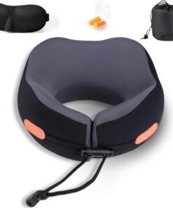 Travel Pillow, Memory Foam Neck Pillow for Airplanes, Includes Eye Mask & Ear Plugs, Ergonomic Design, 360° Support Stowable Pillows for Plane, Car, Train and Home, Black