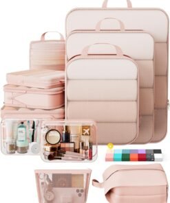 Veken 11 Set Compression Packing Cubes for Travel Essentials,Compressible Expandable Large Luggage Suitcase Organizer Bags for Clothing,Durable Space Saver Storage Bags with Toiletry Bags(Beige)