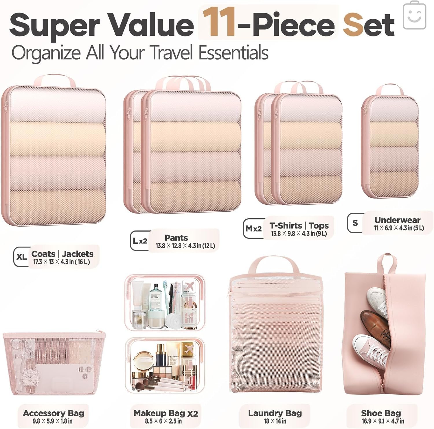 Veken 11 Set Compression Packing Cubes for Travel EssentialsCompressible Expandable Large Luggage Suitcase Organizer Bags for ClothingDurable Space Saver Storage Bags with Toiletry BagsBeige.jpg