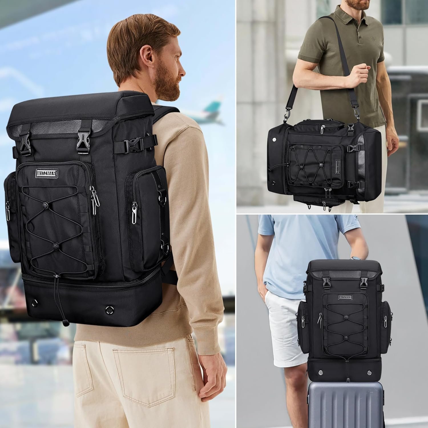 WITZMAN Travel Backpack for Men Women Carry on Bags for Airline Approved Convertible Duffle Luggage Backpack Shoe Compartment B691 Classic Black.jpg