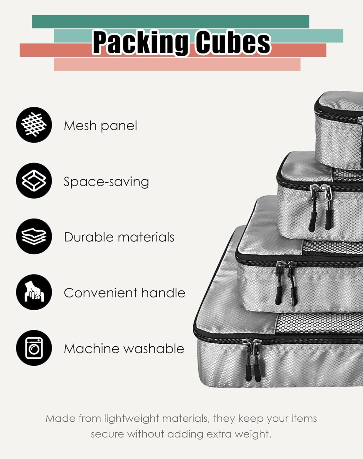 WTREE 4 Piece Packing Cubes Travel Accessories Set for Suitcases Luggage Organizer Bags with Double Zipper Mesh Top SmallMediumLargeSlim Grey.jpg