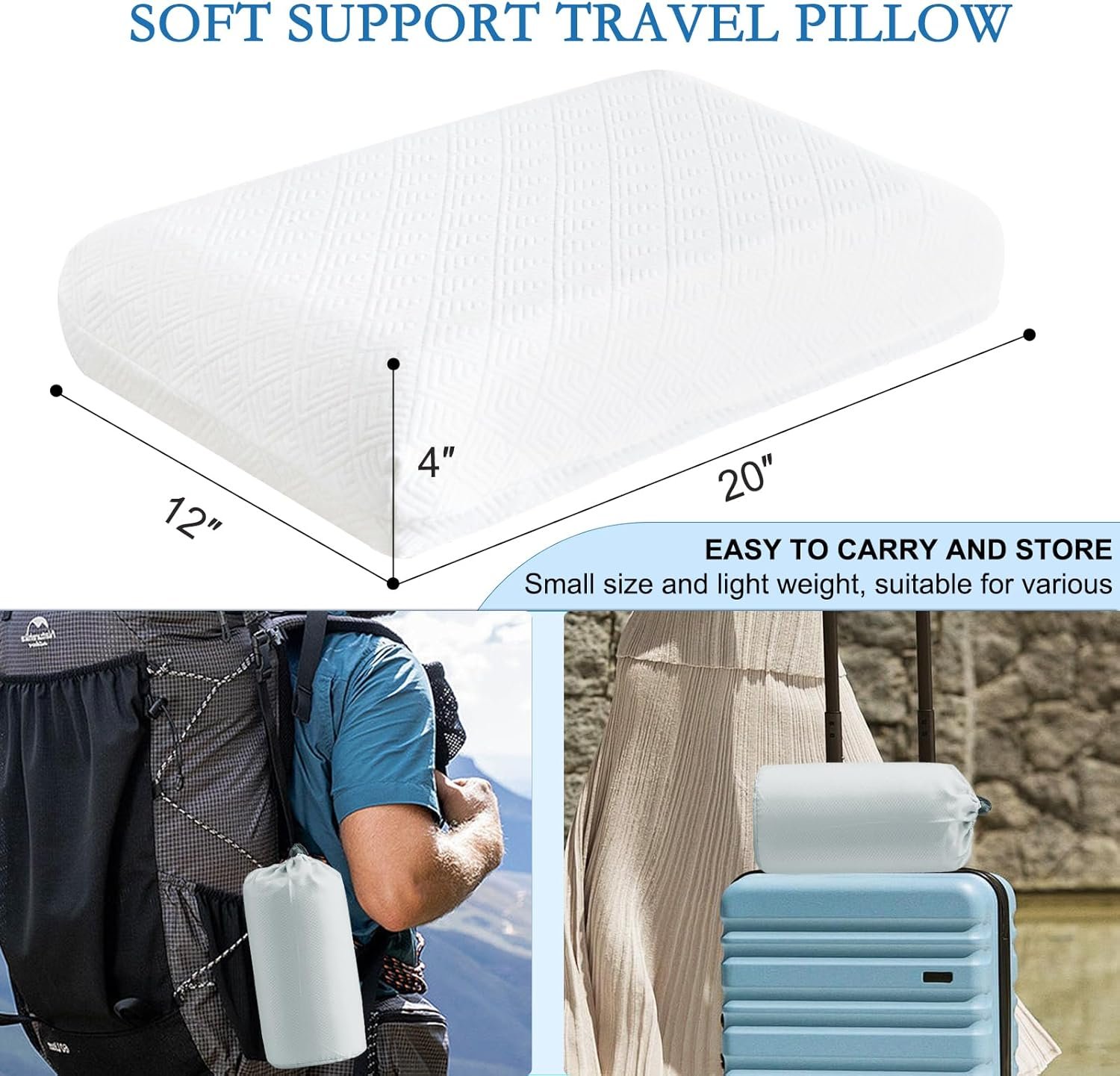 YOUR MOON Small Memory Foam Travel Size Pillow for Sleeping Pure Cotton Cover Compressible Camping Pillow for Sleeping Portable Backpacking Support Pillows for Hiking CarWhite.jpg