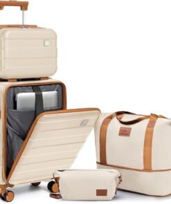 imiomo Carry on Luggage Airline Approved with Front Pocket and USB Port, Hard Shell 20 Inch Travel Carry-on Suitcase with Spinner Wheels and TSA Lock, White Brown
