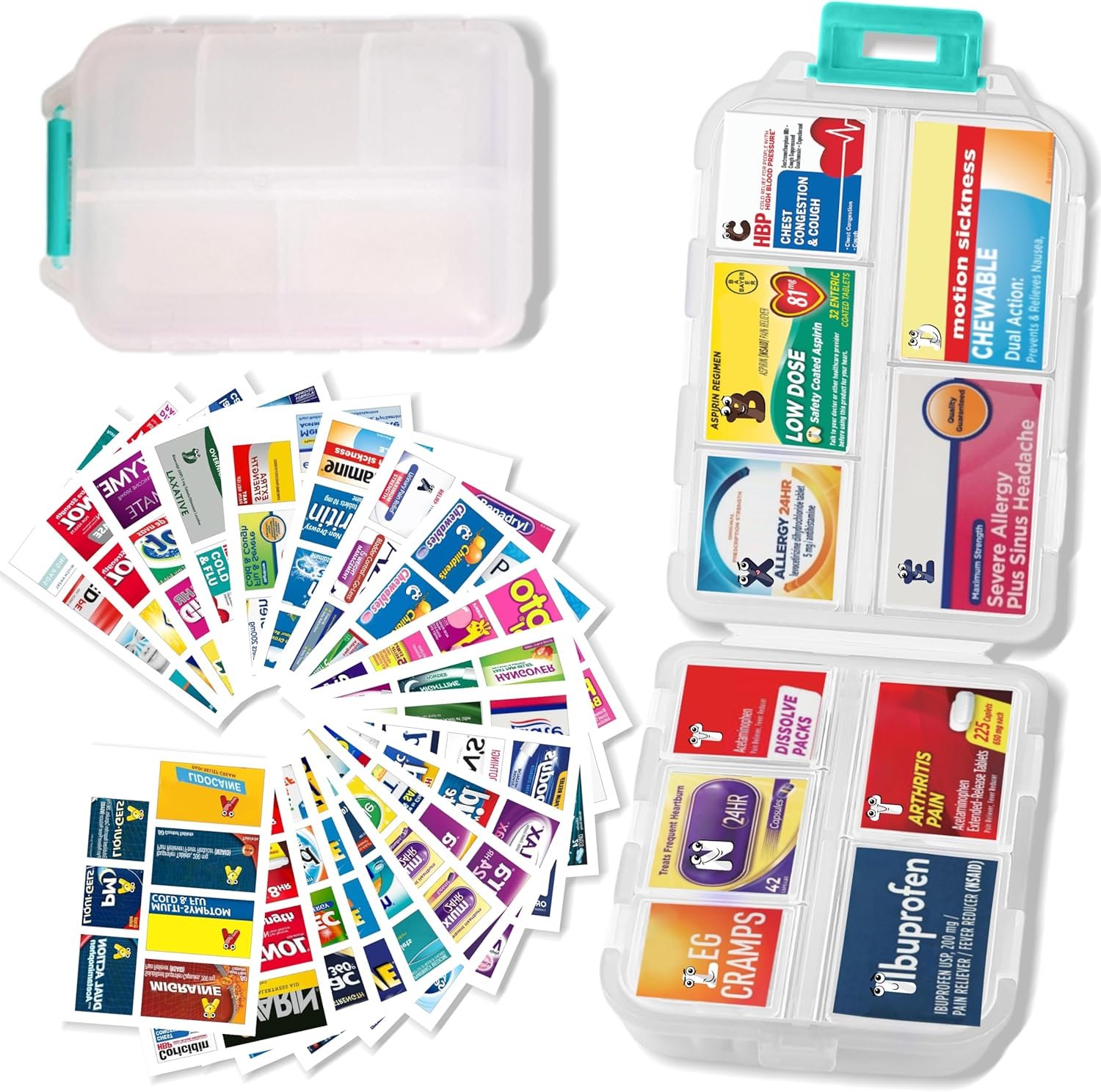 iouwei Pill Organizer With Medicine Labels - 7 Day Travel Daily Container, Mini Medication Storage Case, White With 161 Labels