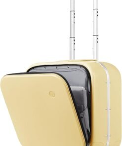 mixi Carry On Luggage, 18” Suitcase with Front Pocket, Travel Luggage Aluminum Frame PC Hardside with Spinner Wheels & TSA Lock and Cover (Not for Underseat), Lark Yellow