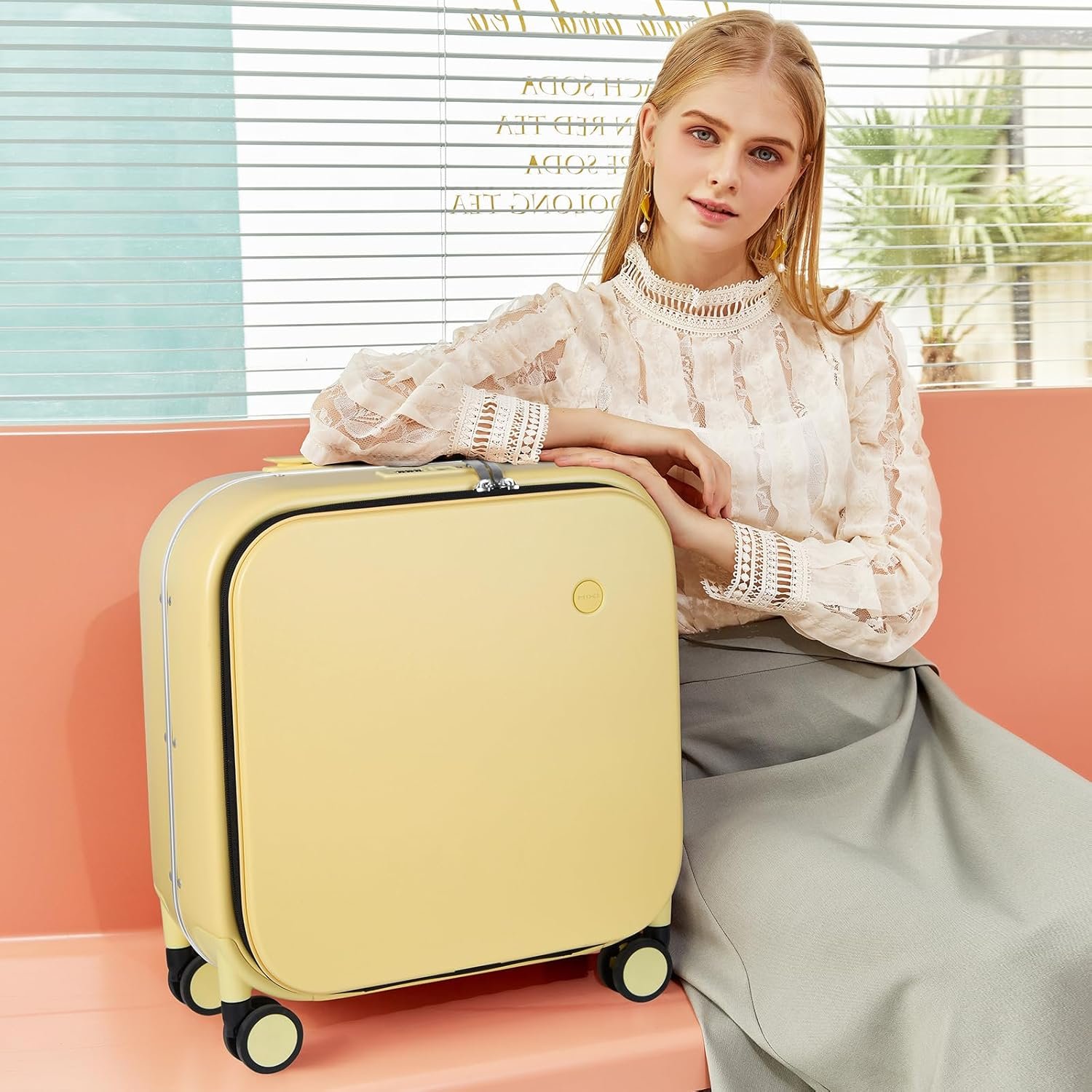Mixi Carry On Luggage 18 Suitcase with Front Pocket Travel Luggage Aluminum Frame PC Hardside with Spinner Wheels TSA Lock and Cover Not for Underseat Lark Yellow.jpg