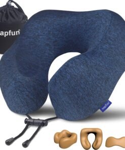 napfun Neck Pillow for Traveling, Upgraded Travel Neck Pillow for Airplane 100% Pure Memory Foam Travel Pillow for Flight Headrest Sleep, Portable Plane Accessories, Blue