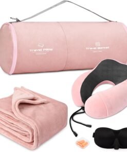 urnexttour Travel Pillow and Blanket Set Neck Pillows Travel Essentials with Sleep Mask for Airplane Car Memory Foam Pink